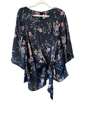 Vince Camuto Black Floral Tie-Waist Blouse